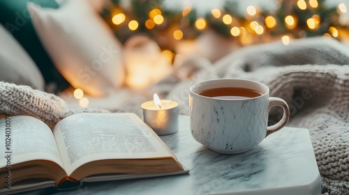 Cozy tea time scene with open book burning candles and marble table in a warm glowing bedroom during the winter season A calming intimate atmosphere of relaxation and contemplation