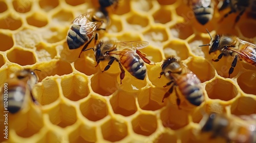 Close-up of bees on honeycomb, showcasing their role in honey production and pollination.