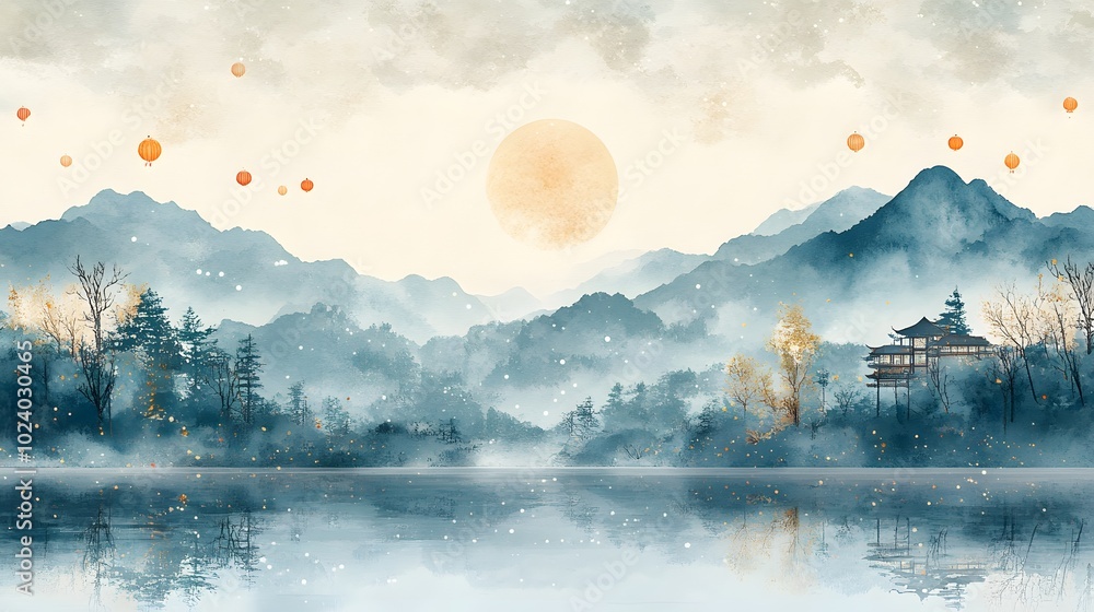 Watercolor scene of a temple with glowing lanterns and fireworks for a vibrant Chinese New Year Watercolor scene of a temple with glowing lanterns and fireworks for a vibrant Chinese New Year