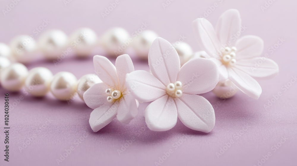 Delicate pink flowers and a pearl necklace on a soft purple background. Delicate pink flowers and a pearl necklace on a soft purple background.