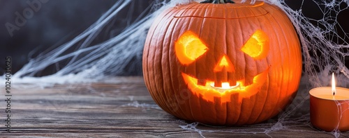 A glowing pumpkin lantern surrounded by spider webs, perfect for Halloween decor and seasonal celebrations. photo