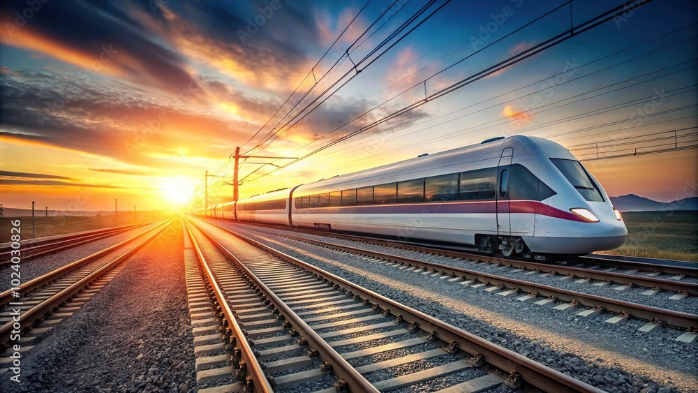 Naklejka premium High speed train passing on tracks during sunset