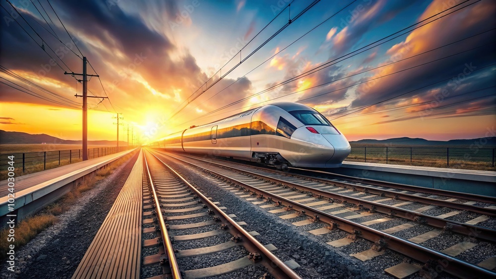 Naklejka premium High speed train passing at sunset on railway tracks.