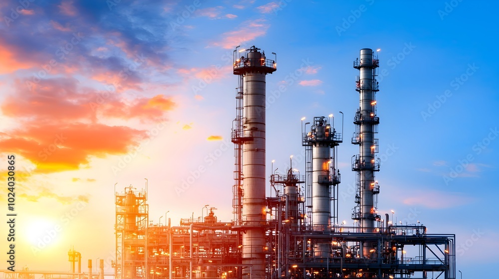 Obraz premium Detailed view of an advanced petrochemical plant refining crude oil into a diverse array of chemical compounds used in various industries