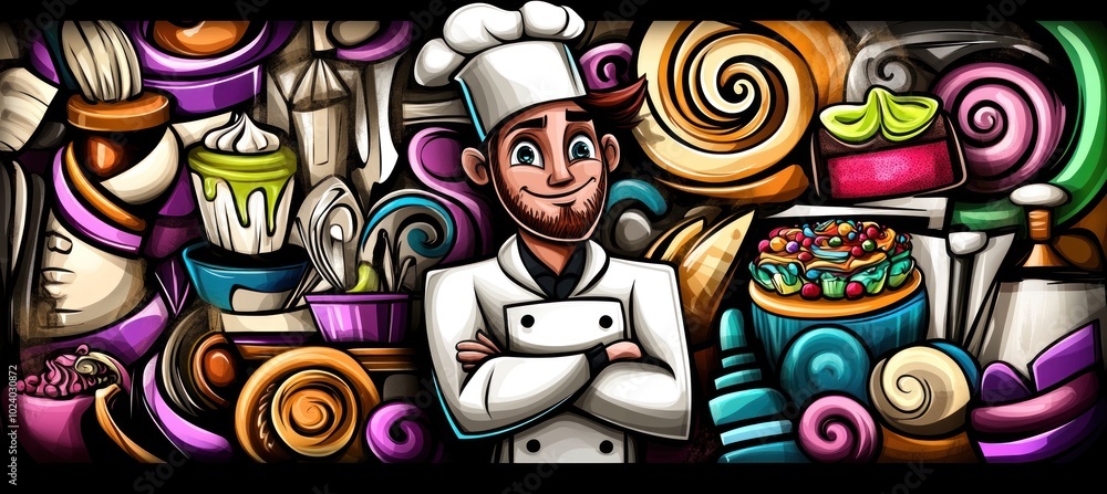 Fototapeta premium A cheerful chef surrounded by colorful baking ingredients and desserts.