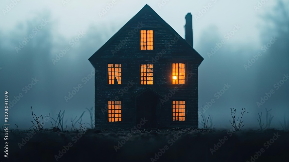 A mysterious house illuminated in the fog, creating a haunting and atmospheric scene perfect for storytelling. A mysterious house illuminated in the fog, creating a haunting and atmospheric scene perfect for storytelling.