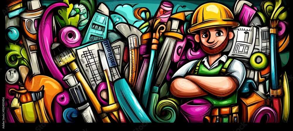 A colorful illustration featuring a cheerful builder amidst various construction tools and materials. A colorful illustration featuring a cheerful builder amidst various construction tools and materials.
