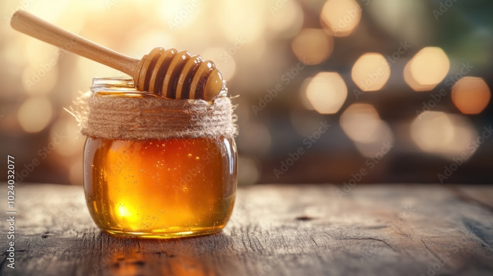A jar of honey with a wooden dipper, illuminated by soft background light. A jar of honey with a wooden dipper, illuminated by soft background light.