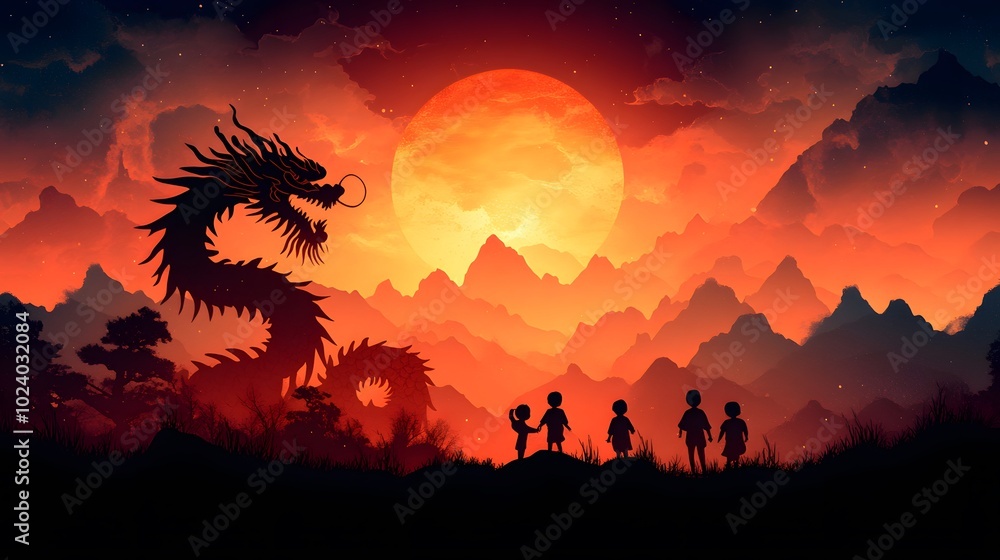 Fototapeta premium Papercut dragon dance with festive lanterns and children playing in a Lunar New Year background