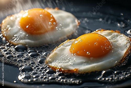 Eggs frying in a pan, with hyper-realistic detail showing the texture of the eggs, the bubbles forming on the edges, and the golden yolks glistening in the light