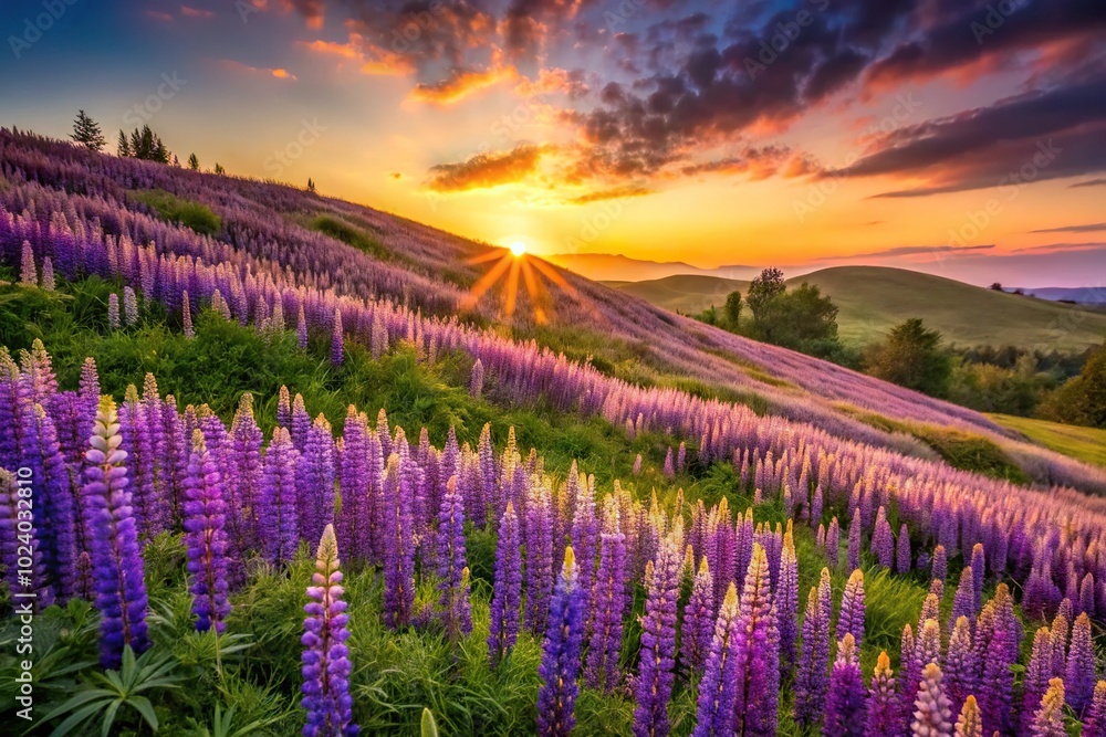 Obraz premium Hillside covered with purple lupine glowing in afternoon light