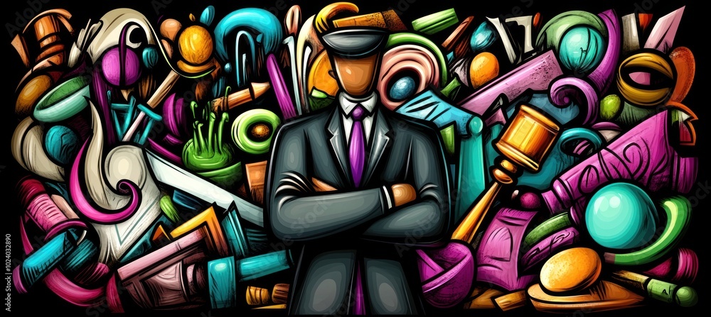 A stylized figure in a suit stands among colorful, abstract objects, suggesting creativity and order. A stylized figure in a suit stands among colorful, abstract objects, suggesting creativity and order.