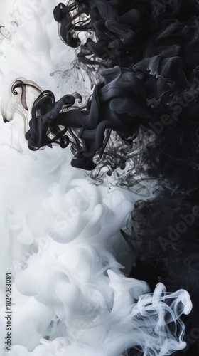 Dynamic clash of fresh bright white smoke intertwining with dark black smoke in an expressive visual contrast