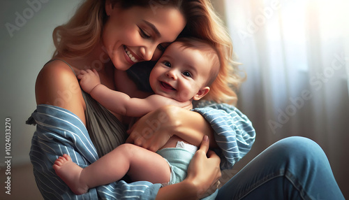 A joyful mother smiles with her baby, showcasing love and happiness in their special bond