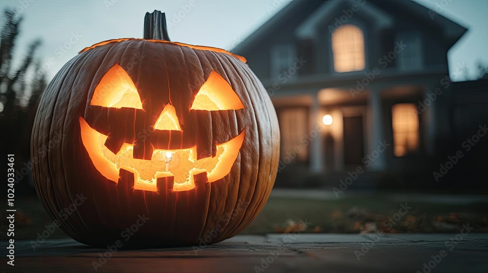 A glowing jack-o'-lantern sits on a porch, creating a festive Halloween atmosphere with a warm light in the background. A glowing jack-o'-lantern sits on a porch, creating a festive Halloween atmosphere with a warm light in the background.