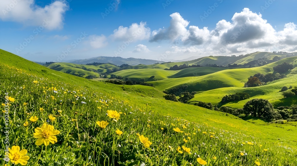 Panoramic view of rolling green hills dotted with vibrant wildflowers in full bloom creating a serene and picturesque countryside landscape Panoramic view of rolling green hills dotted with vibrant wildflowers in full bloom creating a serene and picturesque countryside landscape