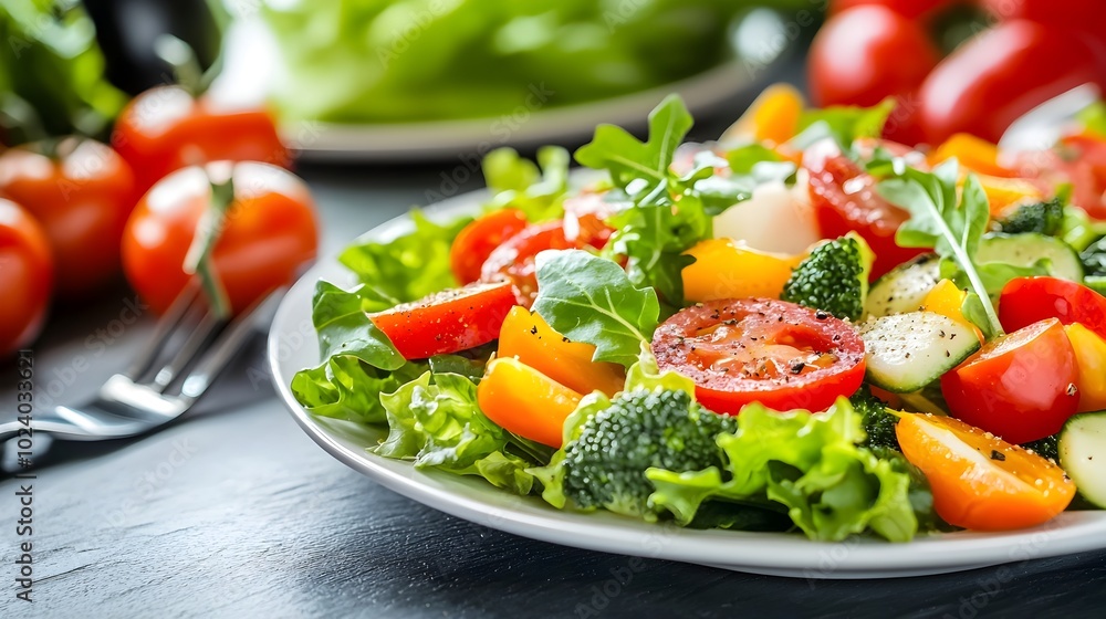 Close up side view of a vibrant vegan meal featuring an assortment of colorful raw organic vegetables expertly arranged on a clean table symbolizing a healthy and wellness focused lifestyle Close up side view of a vibrant vegan meal featuring an assortment of colorful raw organic vegetables expertly arranged on a clean table symbolizing a healthy and wellness focused lifestyle