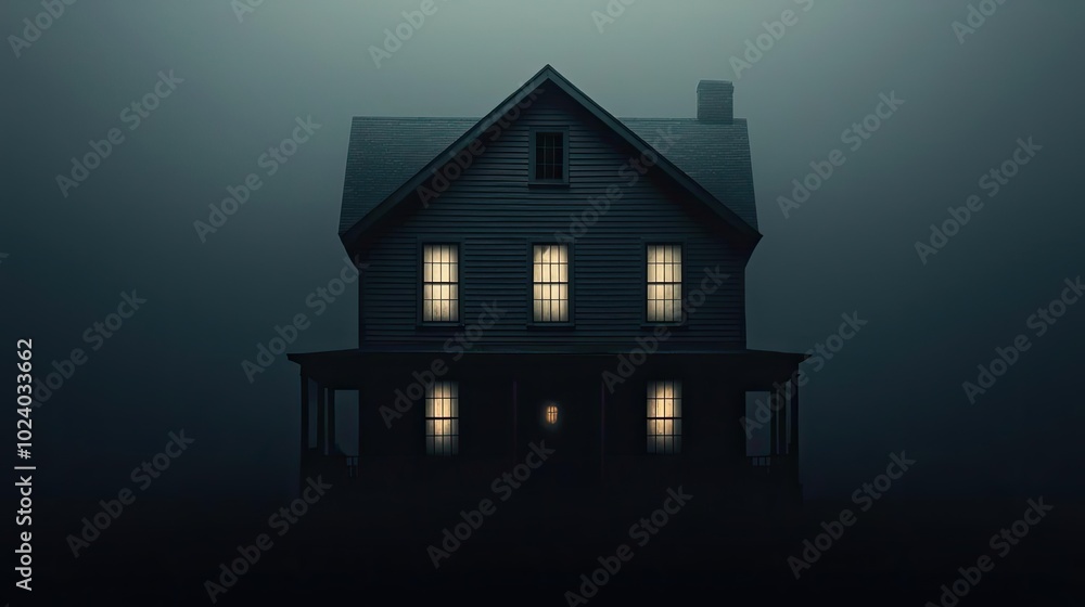 A mysterious house shrouded in fog, illuminated windows offer a captivating and eerie ambiance, perfect for storytelling and imagery. A mysterious house shrouded in fog, illuminated windows offer a captivating and eerie ambiance, perfect for storytelling and imagery.