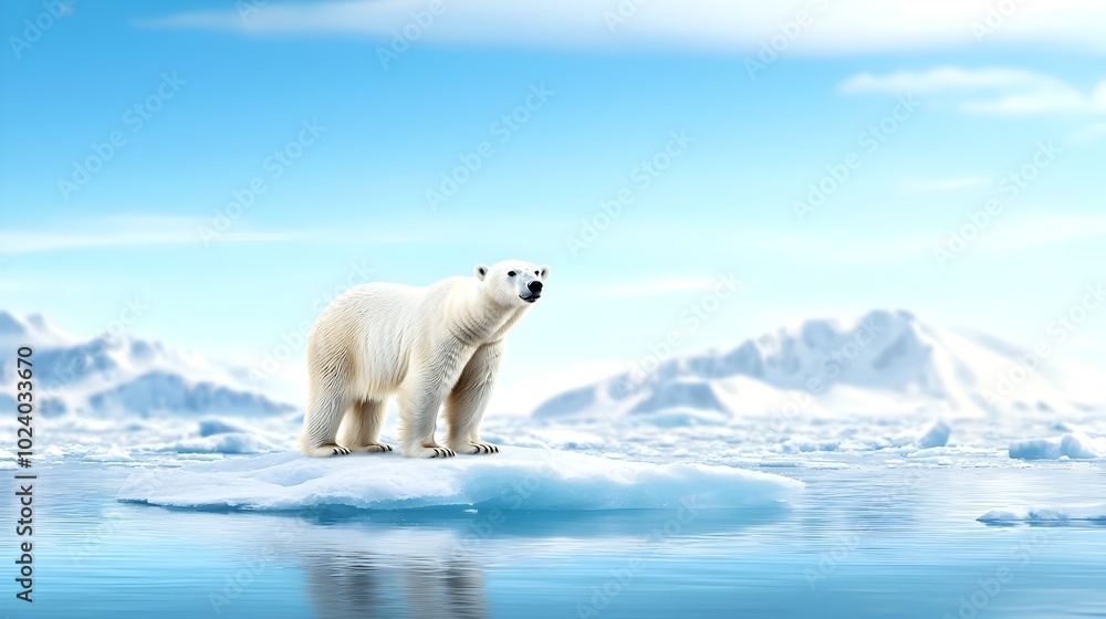 Powerful and graceful polar bear standing tall on a floating ice floe with the vast and serene Arctic Ocean stretching out behind it Powerful and graceful polar bear standing tall on a floating ice floe with the vast and serene Arctic Ocean stretching out behind it