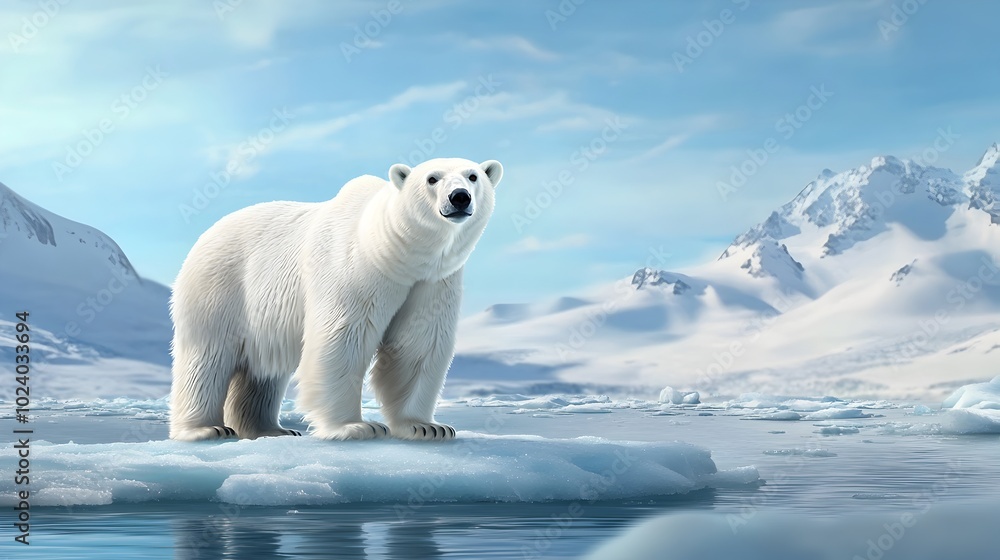 Majestic polar bear standing tall on a floating ice floe in the vast icy Arctic Ocean landscape Majestic polar bear standing tall on a floating ice floe in the vast icy Arctic Ocean landscape