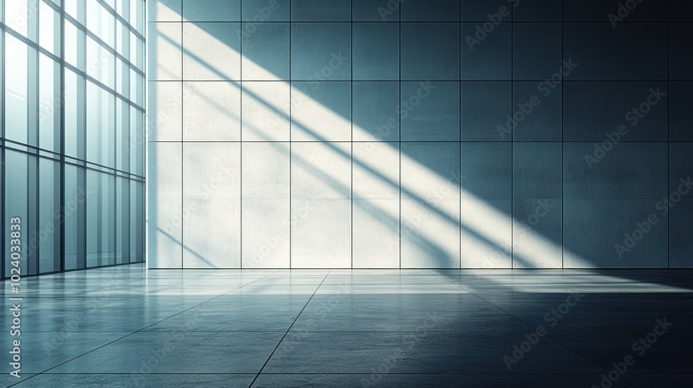 Sunlight streams through a large window in a modern, minimalist interior, casting dramatic shadows on the tiled wall and floor. Sunlight streams through a large window in a modern, minimalist interior, casting dramatic shadows on the tiled wall and floor.