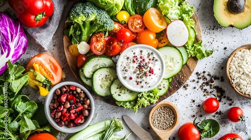 Close up of a colorful vegan meal with fresh vegetables and raw produce arranged on a table symbolizing a wellness lifestyle and healthy eating habits crafted for imagery