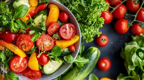 Close up image of a vibrant and colorful vegan meal featuring an assortment of fresh vegetables and raw produce artfully arranged on a table