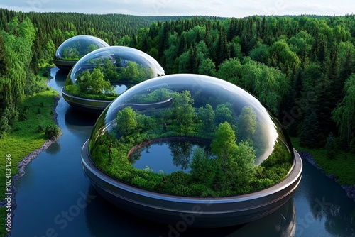 Futuristic bio-domes protecting endangered ecosystems, where advanced technology controls the environment, preserving forests, lakes, and wildlife in a future world