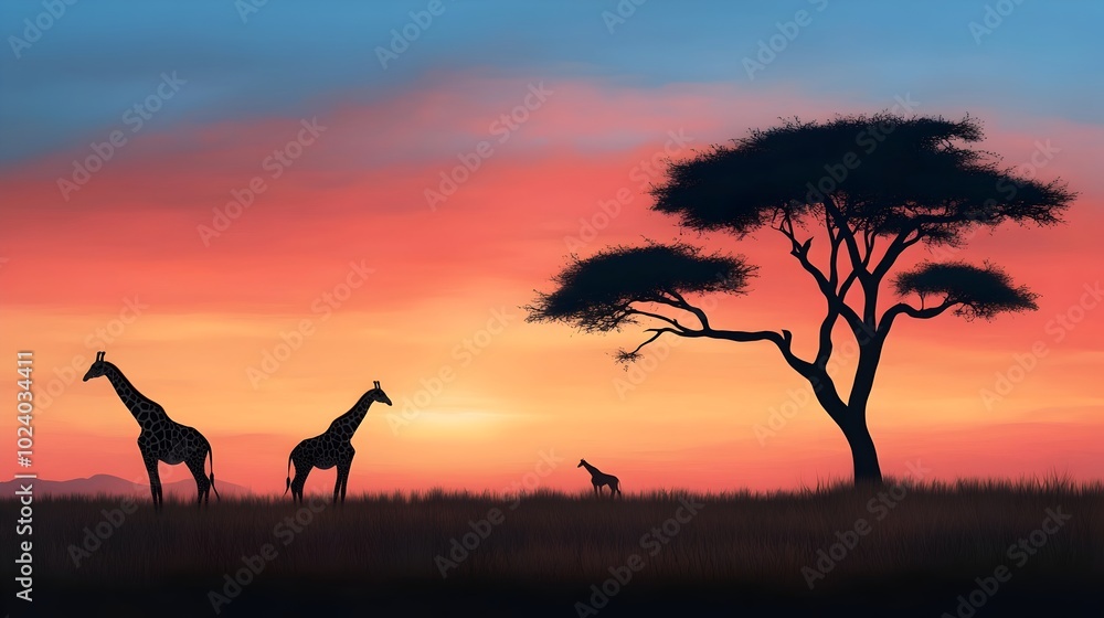 Panoramic view of a serene savannah landscape at dusk featuring silhouetted giraffes and iconic acacia trees against a tranquil evening sky Panoramic view of a serene savannah landscape at dusk featuring silhouetted giraffes and iconic acacia trees against a tranquil evening sky