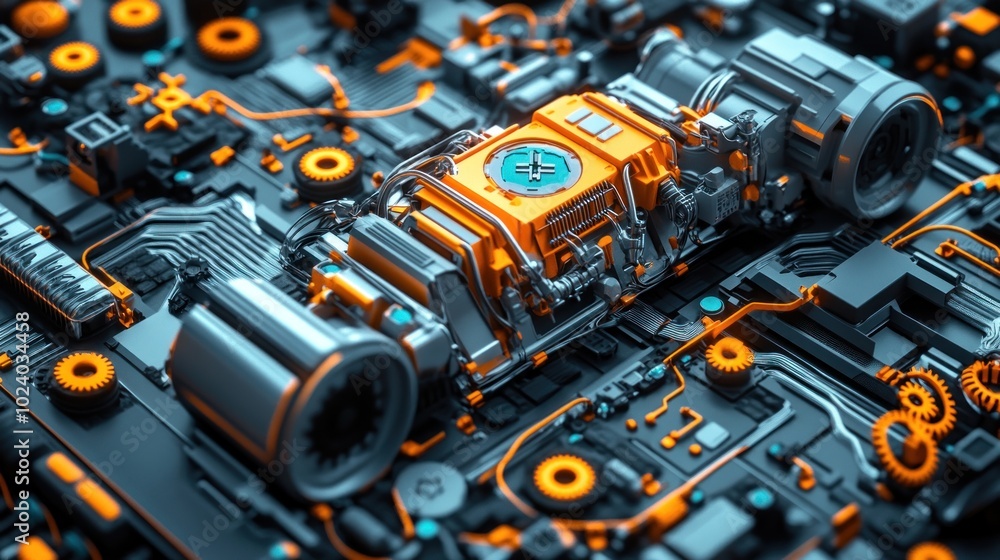 A futuristic circuit board design featuring a central engine component with vibrant colors. A futuristic circuit board design featuring a central engine component with vibrant colors.