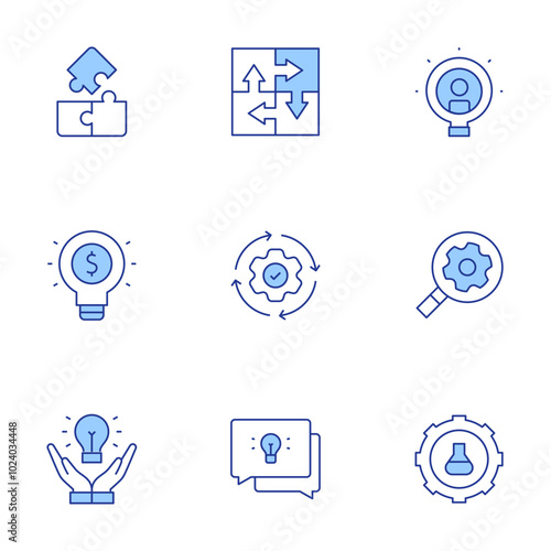 Solution icons set. Line Duotone style, editable stroke. development, integrated, integration, light bulb, reviewing, idea, provision