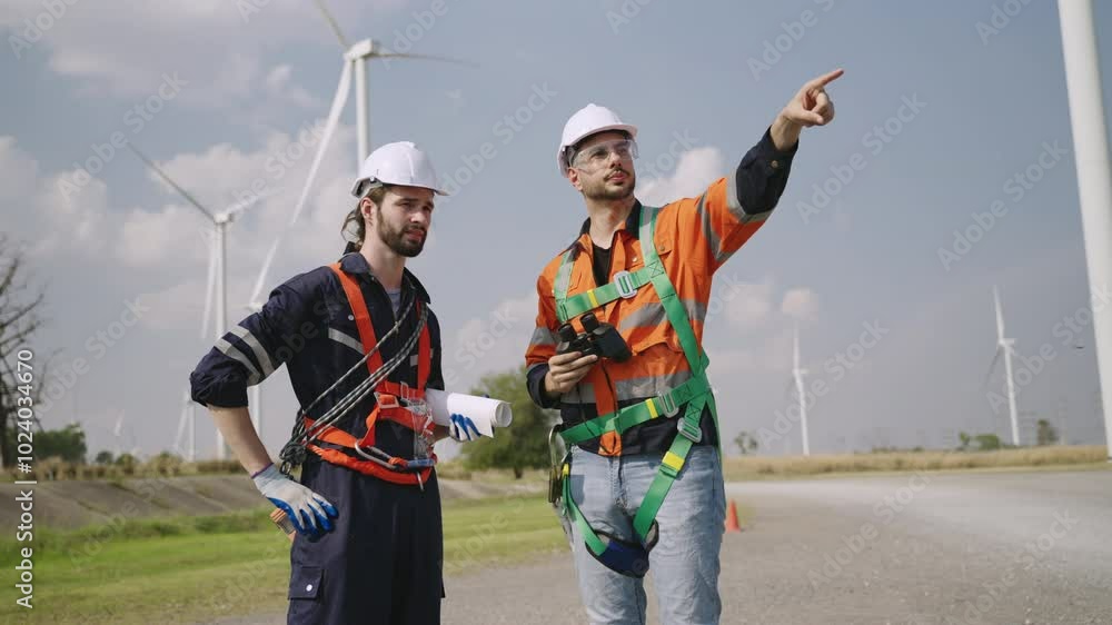 Two engineer specialists in renewable energy wearing personal protective equipment stand using binoculars to look at windmills to discuss installing and repairing wind turbines on construction farms. Two engineer specialists in renewable energy wearing personal protective equipment stand using binoculars to look at windmills to discuss installing and repairing wind turbines on construction farms.