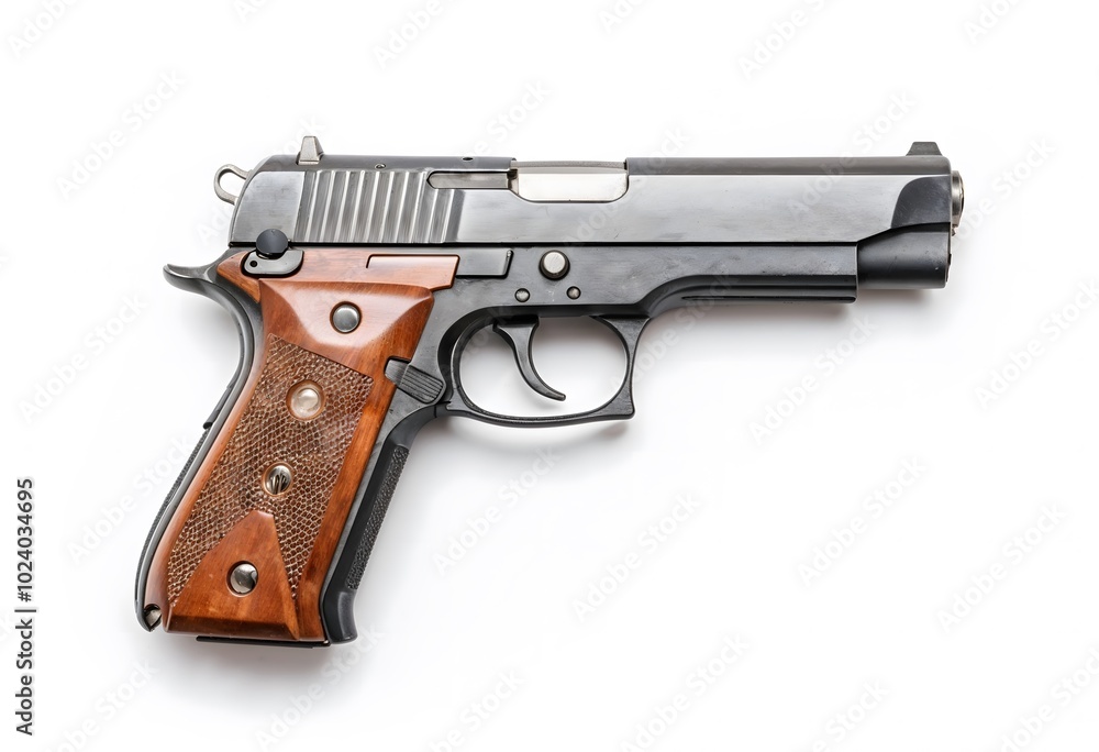 Sleek metal and wood handgun displayed on a white background, showcasing intricate design details. Sleek metal and wood handgun displayed on a white background, showcasing intricate design details.