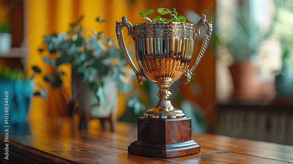 Trophy with Green Plant in Modern Indoor Setting Trophy with Green Plant in Modern Indoor Setting