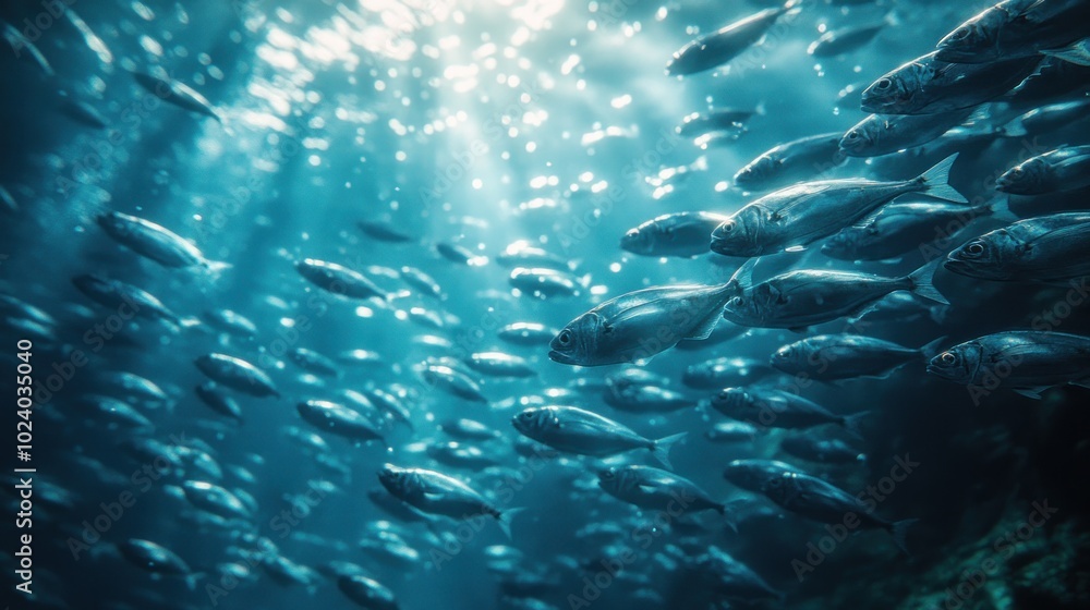 A large school of fish swimming in the ocean, illuminated by the sun shining through the water. A large school of fish swimming in the ocean, illuminated by the sun shining through the water.