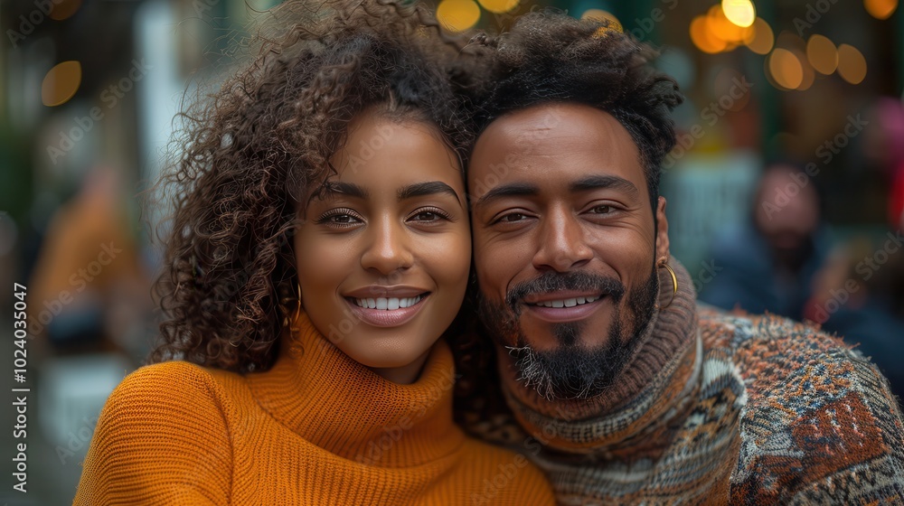 Joyful Couple Smiling in Cozy Sweaters Outdoors Joyful Couple Smiling in Cozy Sweaters Outdoors