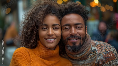 Joyful Couple Smiling in Cozy Sweaters Outdoors