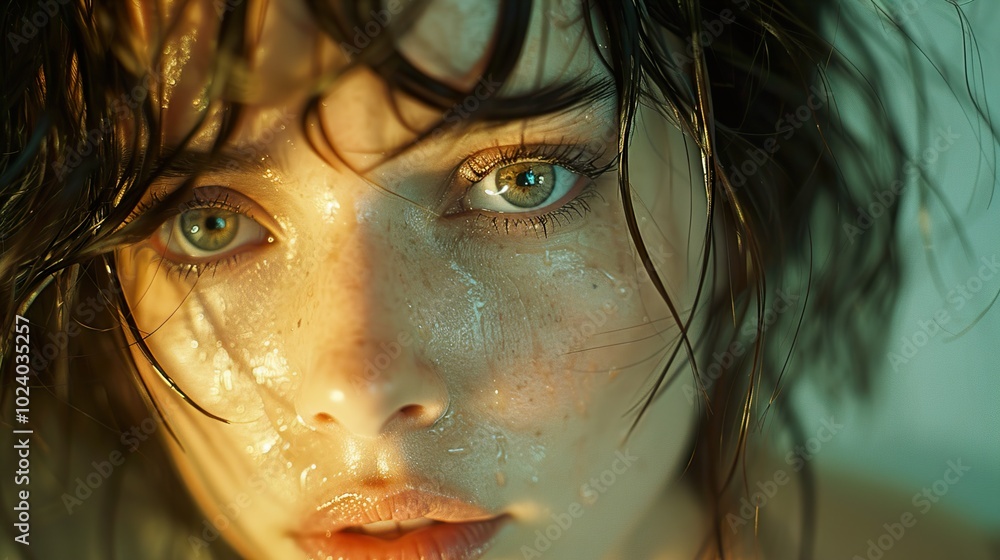 Close Up Portrait of a Woman with Wet Hair and Intriguing Eyes Close Up Portrait of a Woman with Wet Hair and Intriguing Eyes