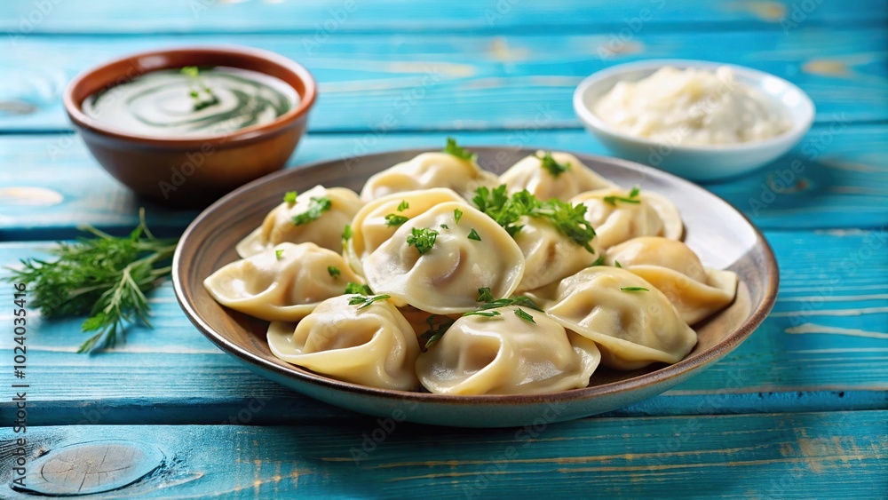 Homemade dumplings with sour cream on blue tabletop Homemade dumplings with sour cream on blue tabletop