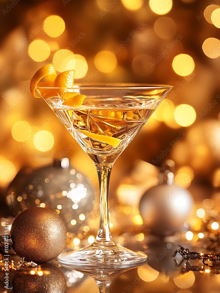 Crystal-clear cocktail glass with a citrus twist, alongside glamorous Christmas lights and ornaments, set against a vibrant gold background, with room for a message Crystal-clear cocktail glass with a citrus twist, alongside glamorous Christmas lights and ornaments, set against a vibrant gold background, with room for a message