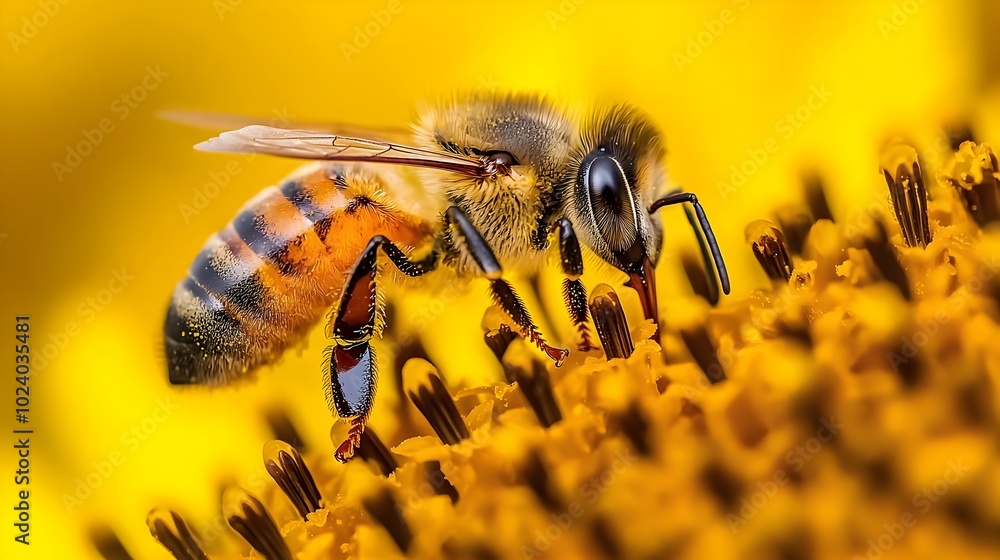 Closeup shot of a honeybee pollinating a vibrant yellow sunflower bloom in a lush garden meadow The bee is gathering nectar and pollen Closeup shot of a honeybee pollinating a vibrant yellow sunflower bloom in a lush garden meadow The bee is gathering nectar and pollen