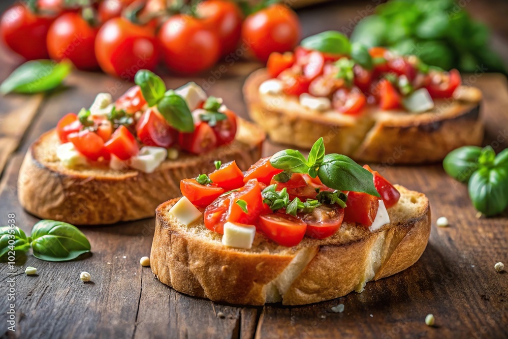 Homemade Italian bruschetta appetizer with tomato and cheese Homemade Italian bruschetta appetizer with tomato and cheese