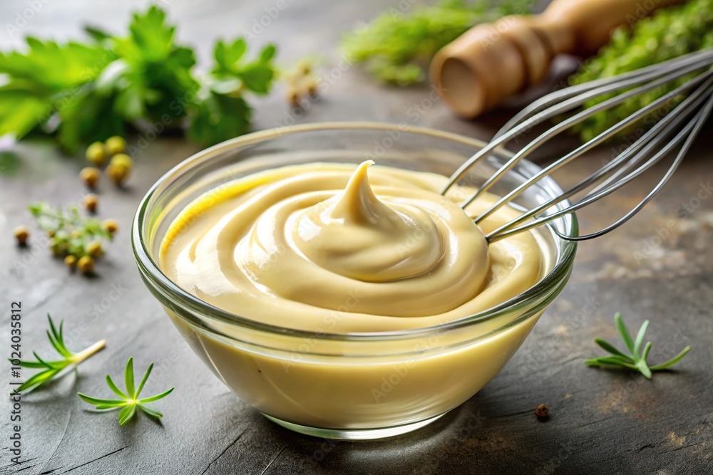 Homemade mayonnaise being prepared with olive oil in a symmetrical composition