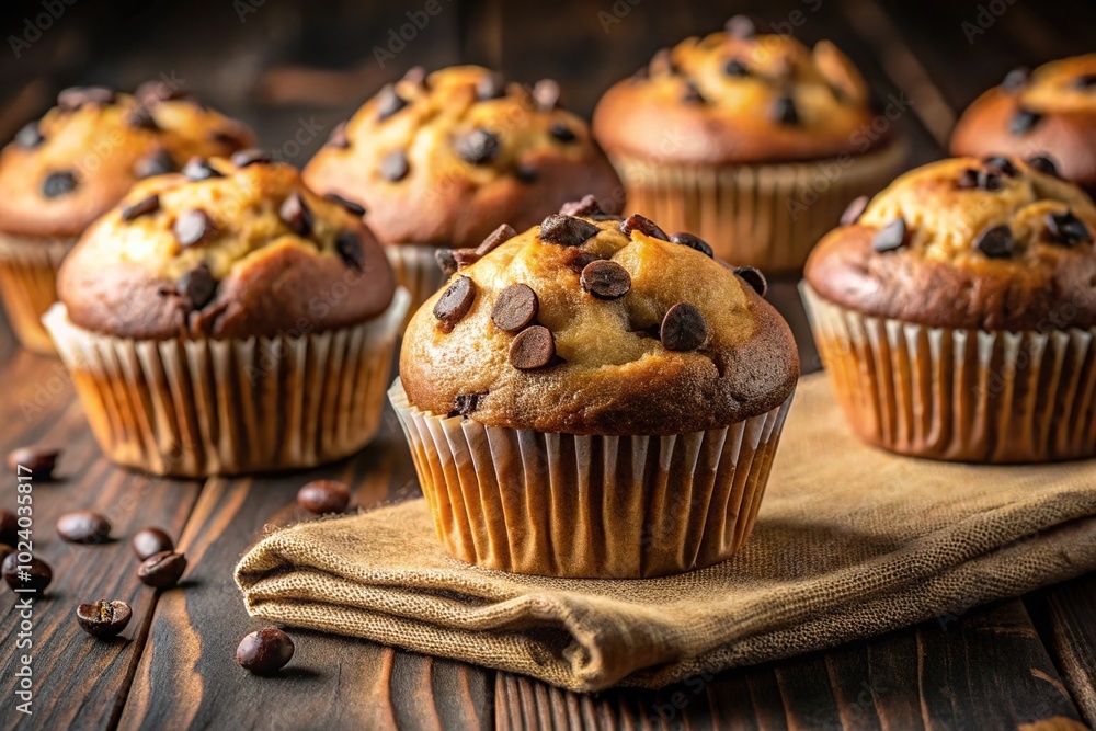 Homemade muffin treats with dark chocolate chips shot from a low angle Homemade muffin treats with dark chocolate chips shot from a low angle