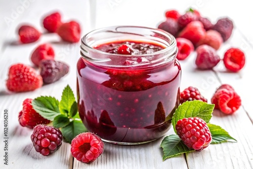 Homemade raspberry jam in a jar on white background photo