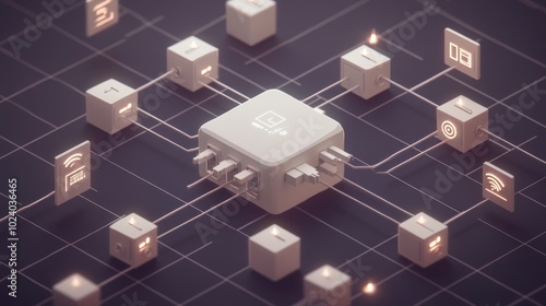 A 3D representation of a central processing unit connected to various digital icons.