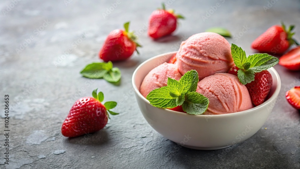 Homemade strawberry ice cream with fresh berries and mint Homemade strawberry ice cream with fresh berries and mint