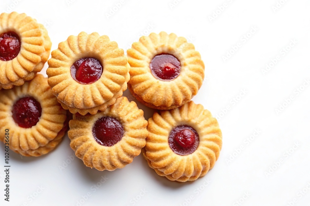 Homemade sweet sable biscuit cookies with jam on white background high angle Homemade sweet sable biscuit cookies with jam on white background high angle