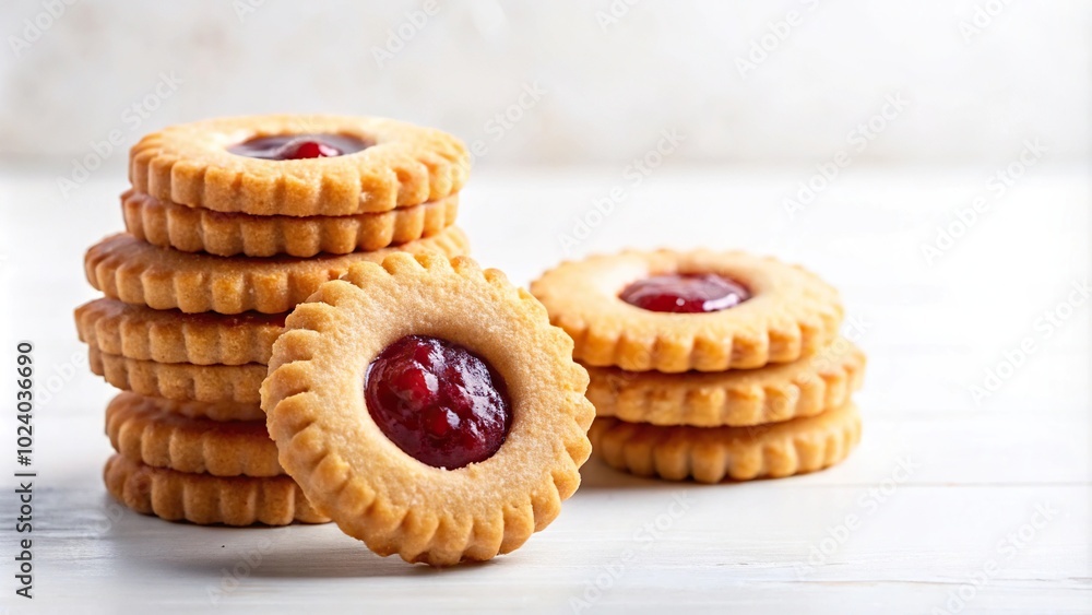 Homemade sweet sable biscuit cookies with jam on white background reflected Homemade sweet sable biscuit cookies with jam on white background reflected