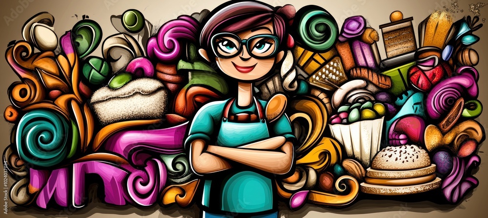 A cheerful baker stands among colorful desserts and sweet treats, celebrating culinary creativity. A cheerful baker stands among colorful desserts and sweet treats, celebrating culinary creativity.